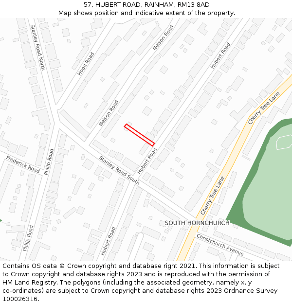 57, HUBERT ROAD, RAINHAM, RM13 8AD: Location map and indicative extent of plot