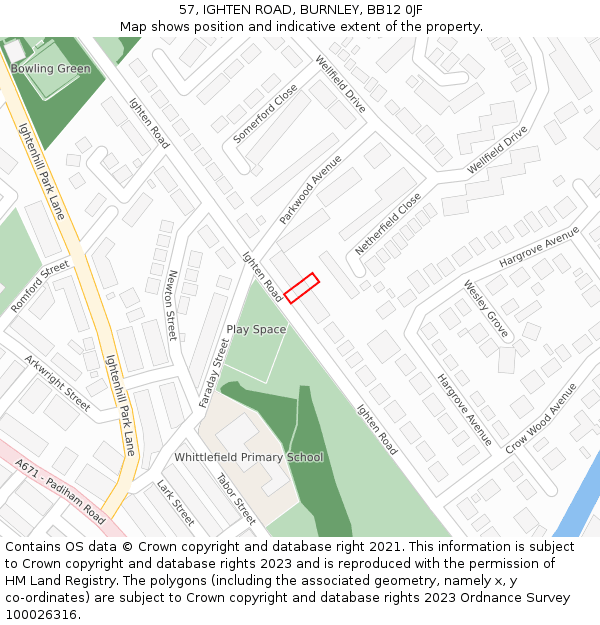 57, IGHTEN ROAD, BURNLEY, BB12 0JF: Location map and indicative extent of plot