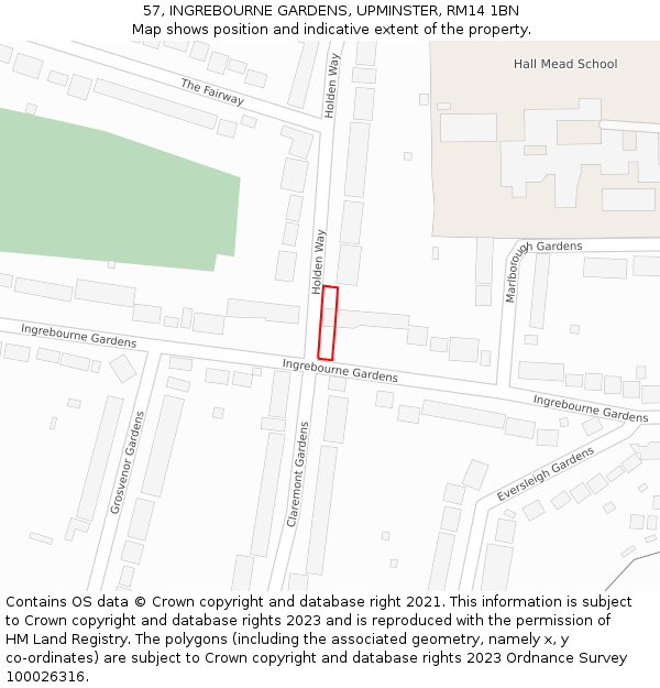 57, INGREBOURNE GARDENS, UPMINSTER, RM14 1BN: Location map and indicative extent of plot