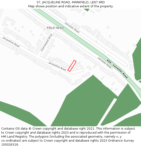 57, JACQUELINE ROAD, MARKFIELD, LE67 9RD: Location map and indicative extent of plot