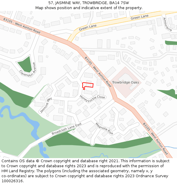 57, JASMINE WAY, TROWBRIDGE, BA14 7SW: Location map and indicative extent of plot