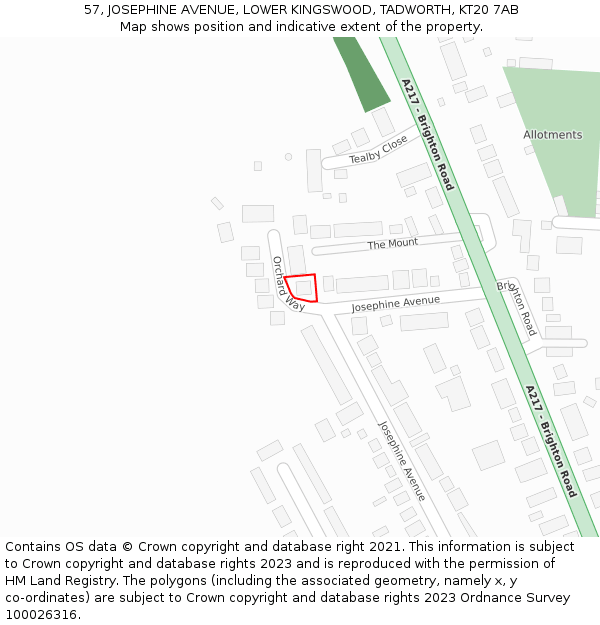 57, JOSEPHINE AVENUE, LOWER KINGSWOOD, TADWORTH, KT20 7AB: Location map and indicative extent of plot