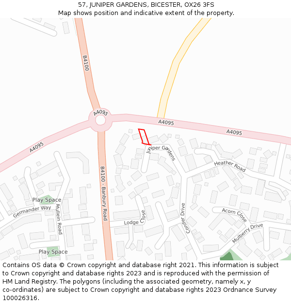 57, JUNIPER GARDENS, BICESTER, OX26 3FS: Location map and indicative extent of plot