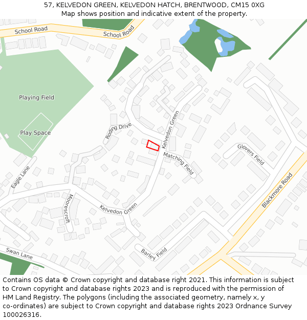 57, KELVEDON GREEN, KELVEDON HATCH, BRENTWOOD, CM15 0XG: Location map and indicative extent of plot