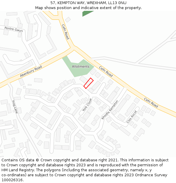 57, KEMPTON WAY, WREXHAM, LL13 0NU: Location map and indicative extent of plot