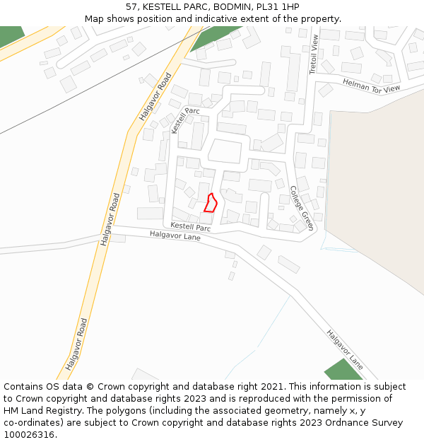 57, KESTELL PARC, BODMIN, PL31 1HP: Location map and indicative extent of plot