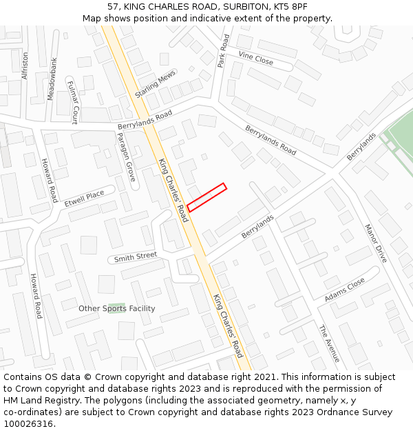 57, KING CHARLES ROAD, SURBITON, KT5 8PF: Location map and indicative extent of plot