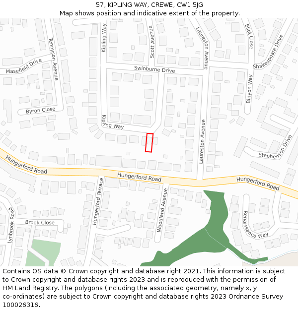 57, KIPLING WAY, CREWE, CW1 5JG: Location map and indicative extent of plot