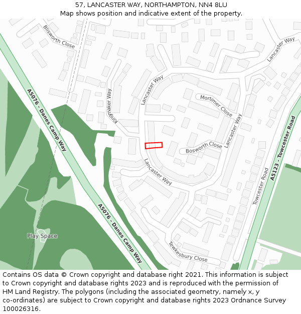 57, LANCASTER WAY, NORTHAMPTON, NN4 8LU: Location map and indicative extent of plot