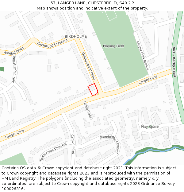 57, LANGER LANE, CHESTERFIELD, S40 2JP: Location map and indicative extent of plot