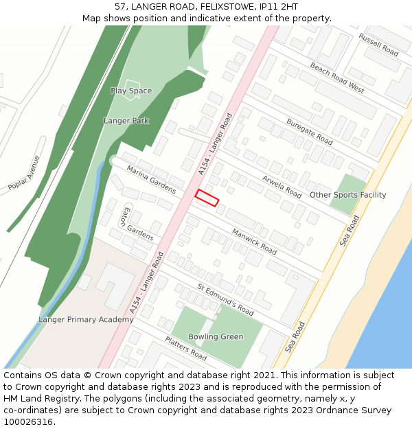 57, LANGER ROAD, FELIXSTOWE, IP11 2HT: Location map and indicative extent of plot