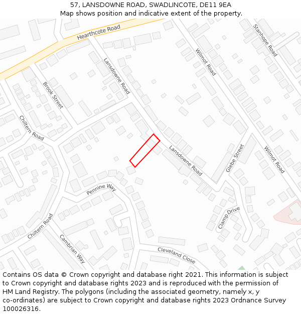 57, LANSDOWNE ROAD, SWADLINCOTE, DE11 9EA: Location map and indicative extent of plot