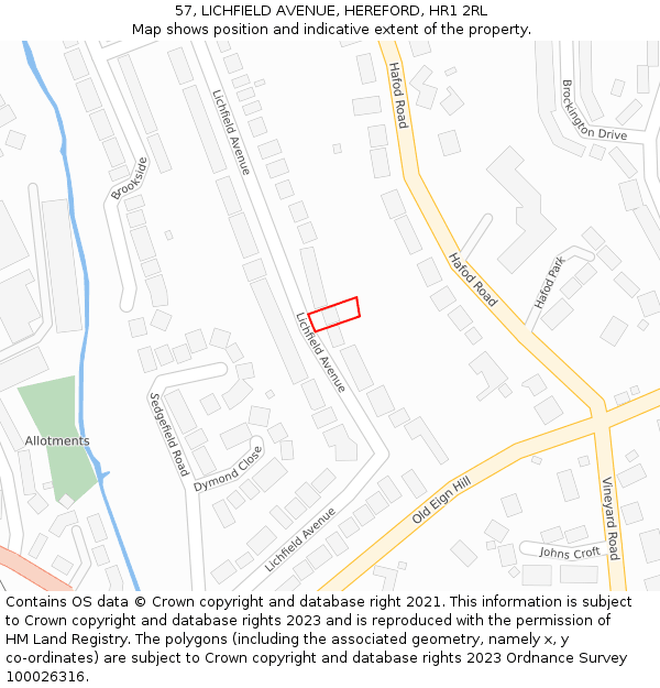 57, LICHFIELD AVENUE, HEREFORD, HR1 2RL: Location map and indicative extent of plot