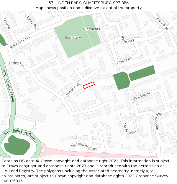 57, LINDEN PARK, SHAFTESBURY, SP7 8RN: Location map and indicative extent of plot