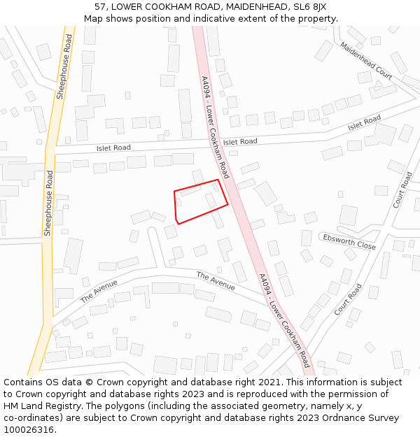 57, LOWER COOKHAM ROAD, MAIDENHEAD, SL6 8JX: Location map and indicative extent of plot