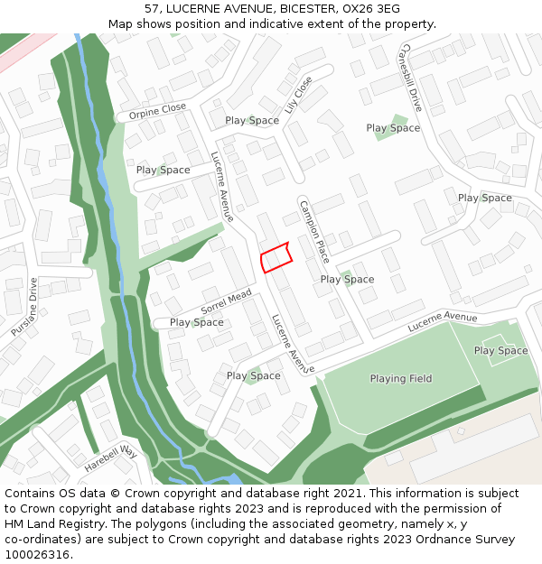 57, LUCERNE AVENUE, BICESTER, OX26 3EG: Location map and indicative extent of plot