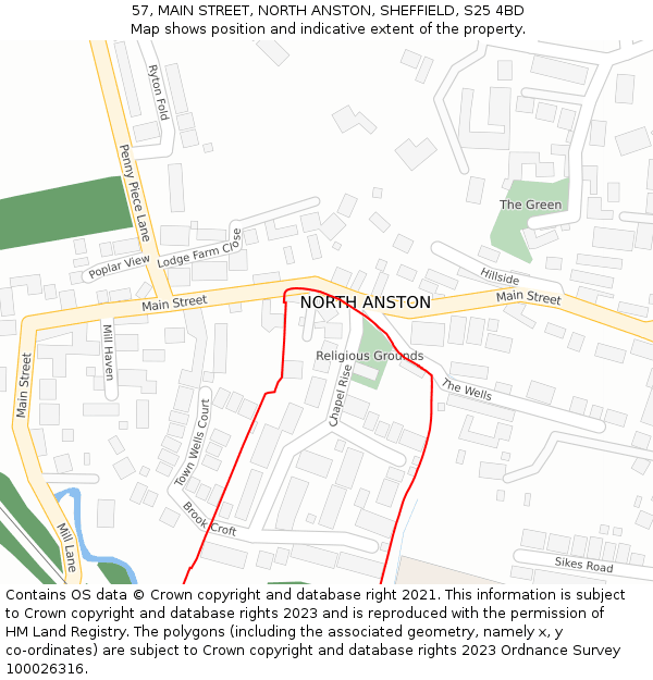 57, MAIN STREET, NORTH ANSTON, SHEFFIELD, S25 4BD: Location map and indicative extent of plot