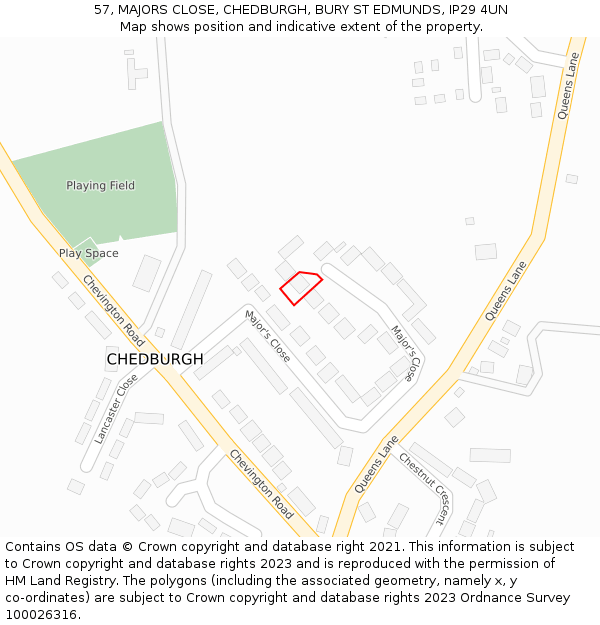 57, MAJORS CLOSE, CHEDBURGH, BURY ST EDMUNDS, IP29 4UN: Location map and indicative extent of plot