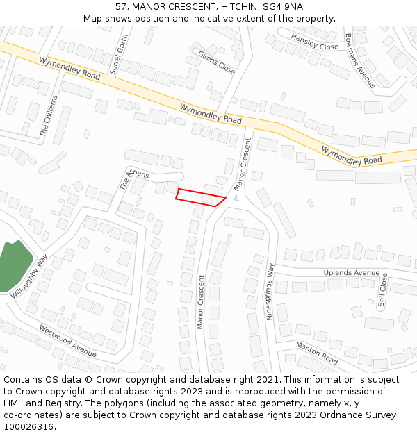 57, MANOR CRESCENT, HITCHIN, SG4 9NA: Location map and indicative extent of plot