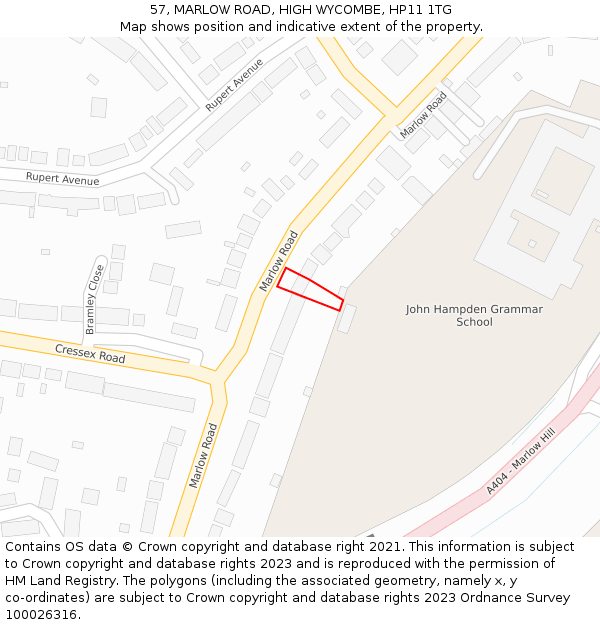 57, MARLOW ROAD, HIGH WYCOMBE, HP11 1TG: Location map and indicative extent of plot