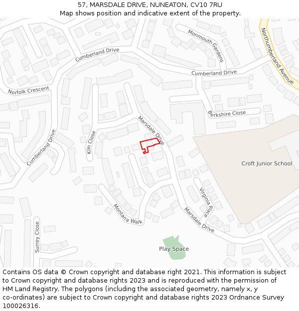 57, MARSDALE DRIVE, NUNEATON, CV10 7RU: Location map and indicative extent of plot