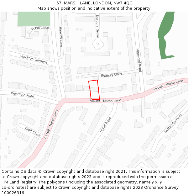 57, MARSH LANE, LONDON, NW7 4QG: Location map and indicative extent of plot