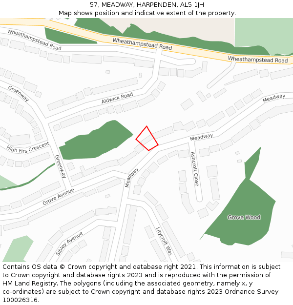 57, MEADWAY, HARPENDEN, AL5 1JH: Location map and indicative extent of plot