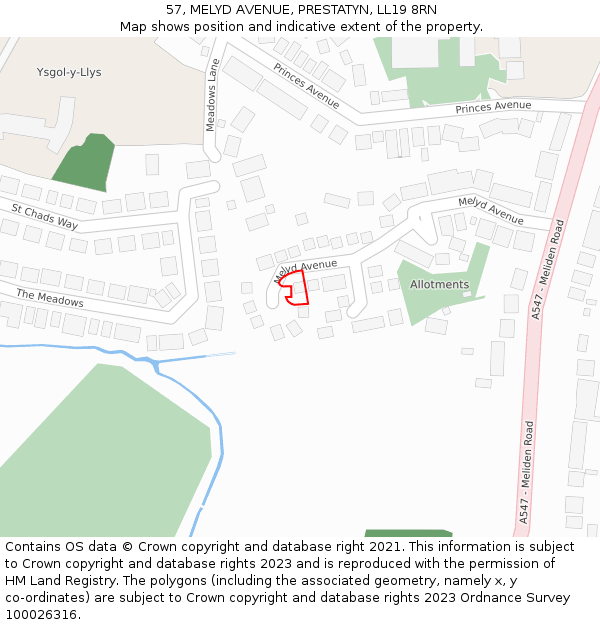 57, MELYD AVENUE, PRESTATYN, LL19 8RN: Location map and indicative extent of plot
