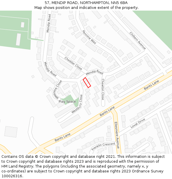 57, MENDIP ROAD, NORTHAMPTON, NN5 6BA: Location map and indicative extent of plot