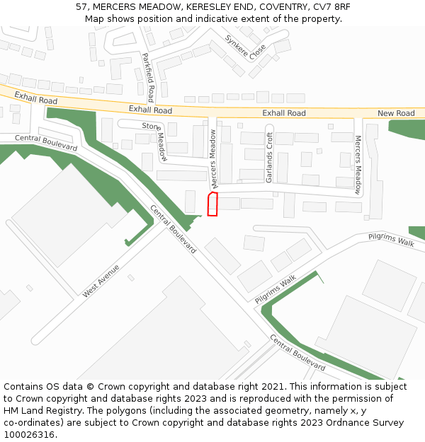 57, MERCERS MEADOW, KERESLEY END, COVENTRY, CV7 8RF: Location map and indicative extent of plot