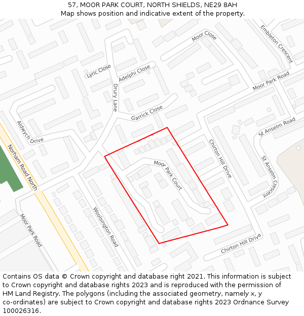 57, MOOR PARK COURT, NORTH SHIELDS, NE29 8AH: Location map and indicative extent of plot