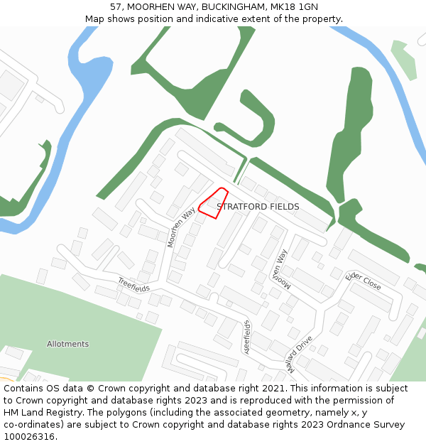 57, MOORHEN WAY, BUCKINGHAM, MK18 1GN: Location map and indicative extent of plot