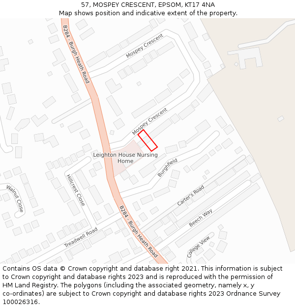 57, MOSPEY CRESCENT, EPSOM, KT17 4NA: Location map and indicative extent of plot