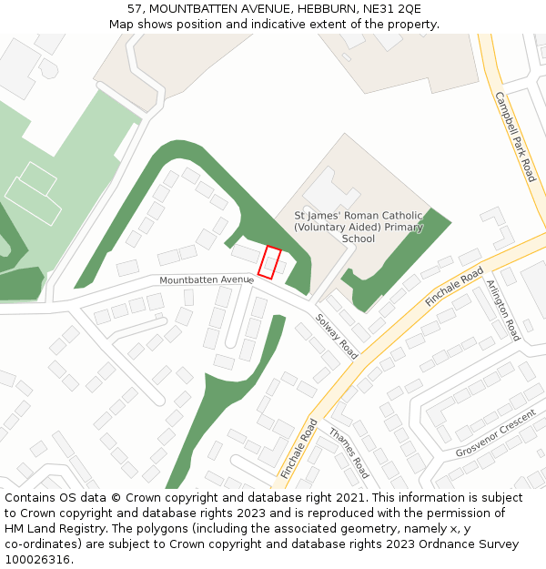 57, MOUNTBATTEN AVENUE, HEBBURN, NE31 2QE: Location map and indicative extent of plot