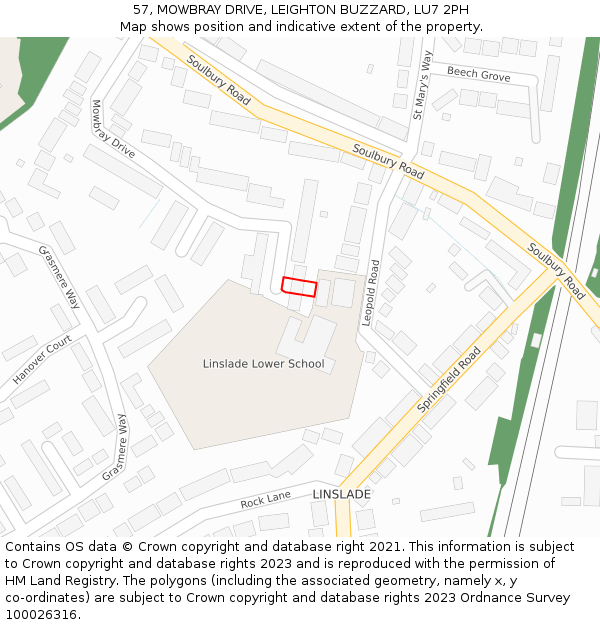 57, MOWBRAY DRIVE, LEIGHTON BUZZARD, LU7 2PH: Location map and indicative extent of plot