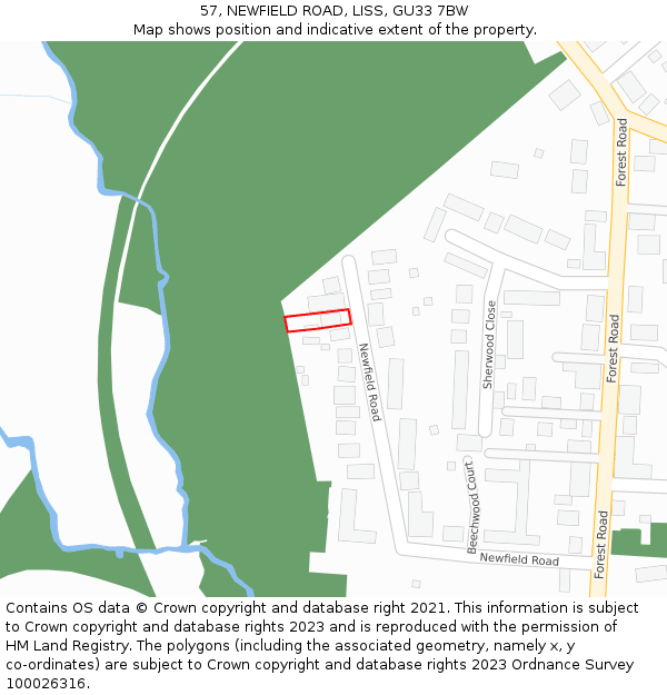 57, NEWFIELD ROAD, LISS, GU33 7BW: Location map and indicative extent of plot