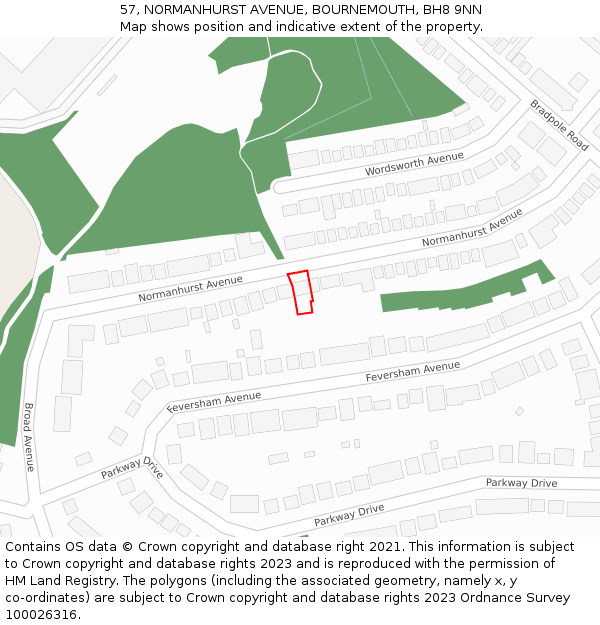 57, NORMANHURST AVENUE, BOURNEMOUTH, BH8 9NN: Location map and indicative extent of plot