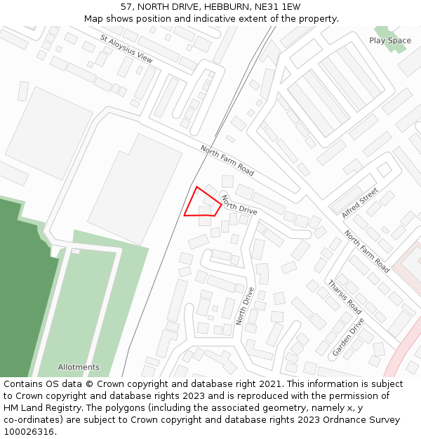 57, NORTH DRIVE, HEBBURN, NE31 1EW: Location map and indicative extent of plot