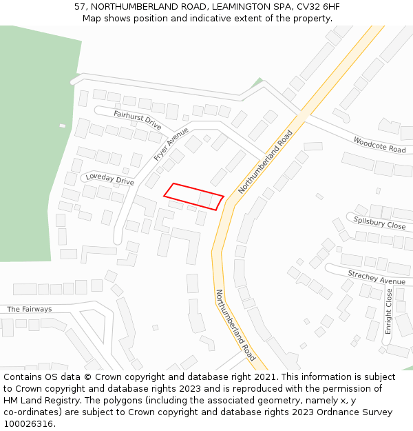 57, NORTHUMBERLAND ROAD, LEAMINGTON SPA, CV32 6HF: Location map and indicative extent of plot