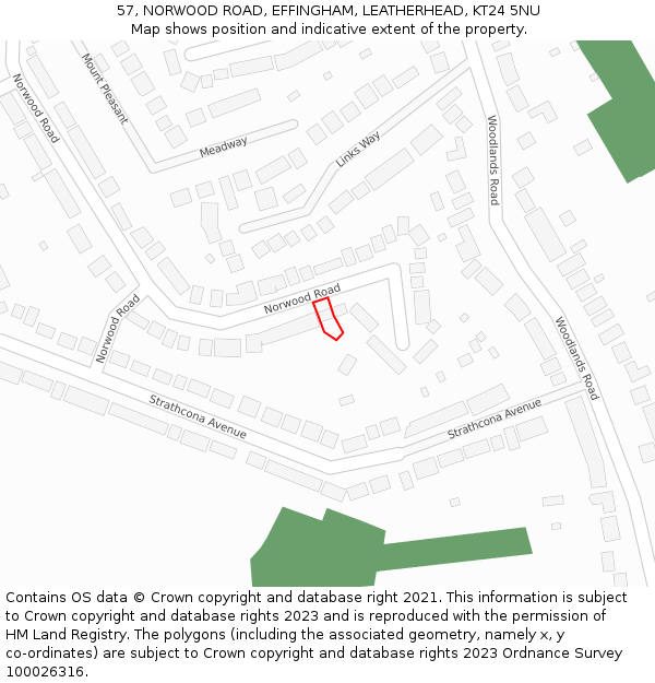 57, NORWOOD ROAD, EFFINGHAM, LEATHERHEAD, KT24 5NU: Location map and indicative extent of plot