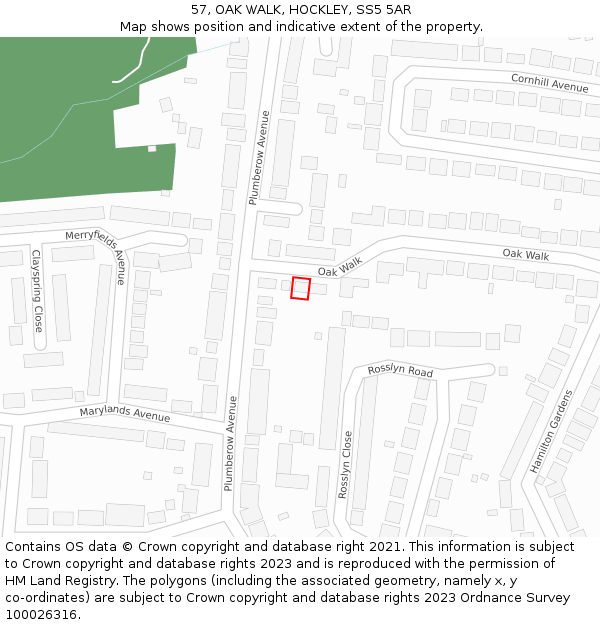 57, OAK WALK, HOCKLEY, SS5 5AR: Location map and indicative extent of plot