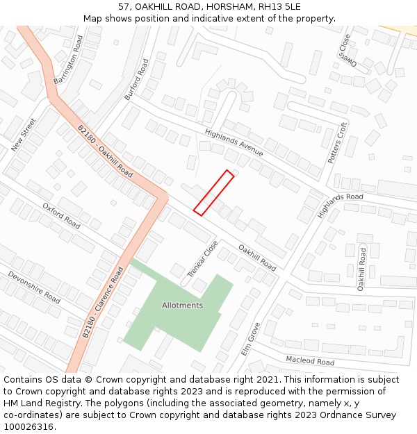 57, OAKHILL ROAD, HORSHAM, RH13 5LE: Location map and indicative extent of plot