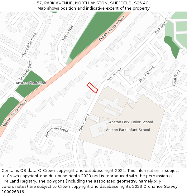 57, PARK AVENUE, NORTH ANSTON, SHEFFIELD, S25 4GL: Location map and indicative extent of plot