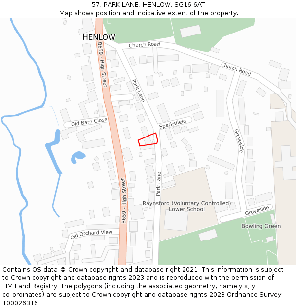 57, PARK LANE, HENLOW, SG16 6AT: Location map and indicative extent of plot