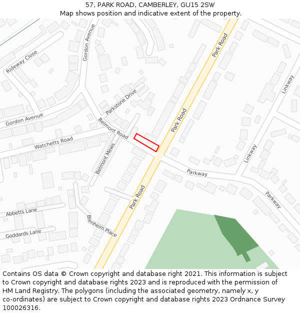 57, PARK ROAD, CAMBERLEY, GU15 2SW: Location map and indicative extent of plot