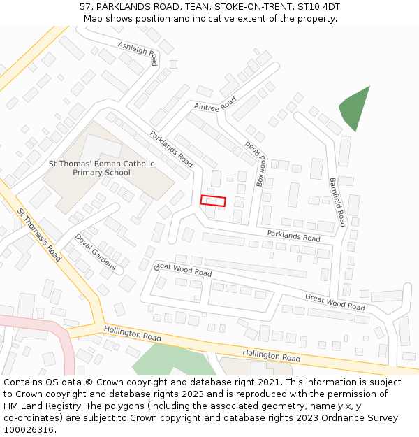 57, PARKLANDS ROAD, TEAN, STOKE-ON-TRENT, ST10 4DT: Location map and indicative extent of plot