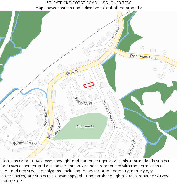 57, PATRICKS COPSE ROAD, LISS, GU33 7DW: Location map and indicative extent of plot