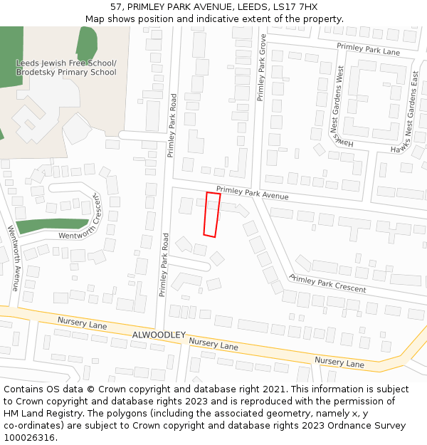 57, PRIMLEY PARK AVENUE, LEEDS, LS17 7HX: Location map and indicative extent of plot