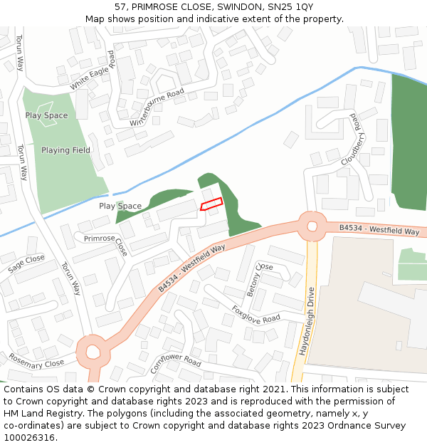 57, PRIMROSE CLOSE, SWINDON, SN25 1QY: Location map and indicative extent of plot