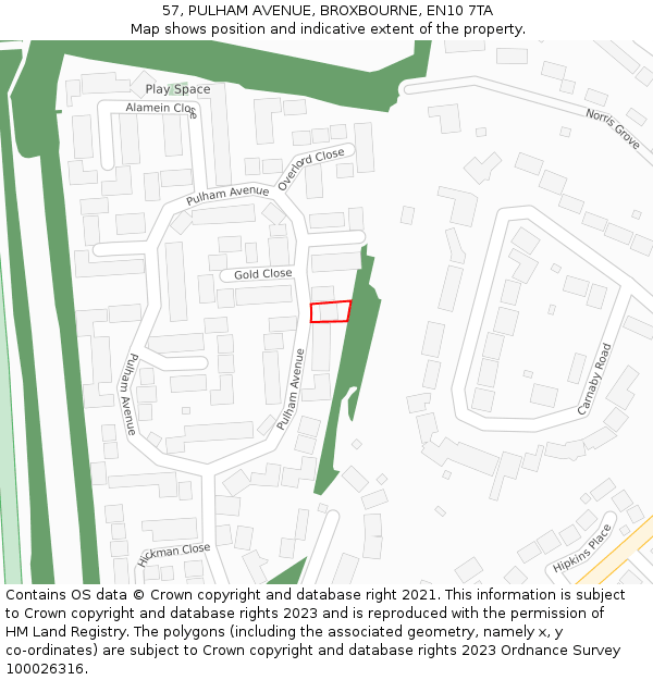 57, PULHAM AVENUE, BROXBOURNE, EN10 7TA: Location map and indicative extent of plot